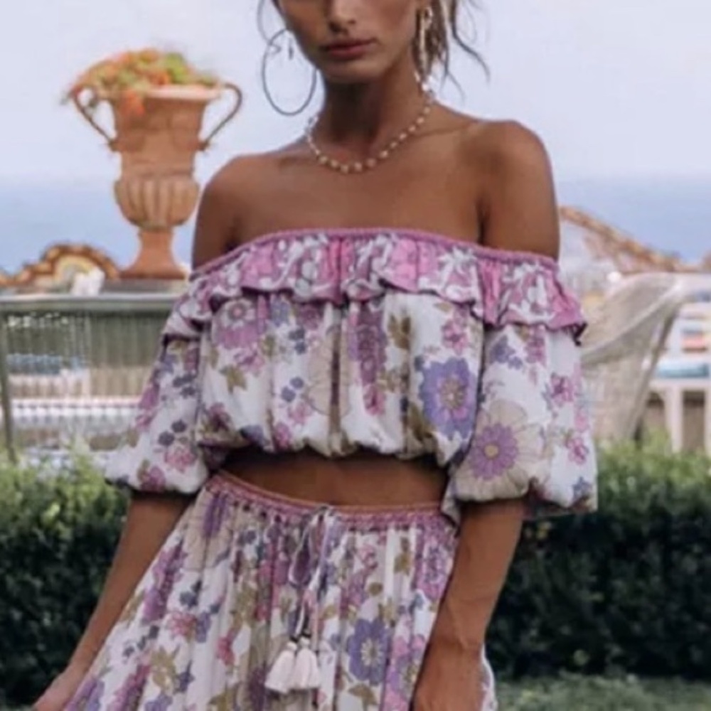 Waverly Boho Pink Floral Print Off Shoulder Crop top Maxi Skirt Set - Picture 3 of 16